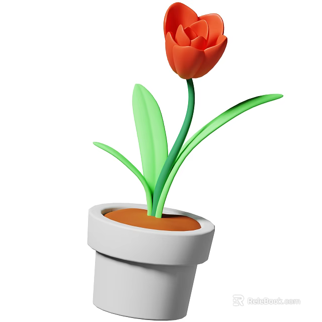 Red Flower Tulip Plant With Green Leaves In White Pot And Soil 3d model 