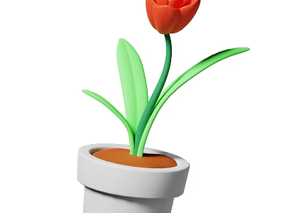 Red Flower Tulip Plant With Green Leaves In White Pot And Soil 3d model