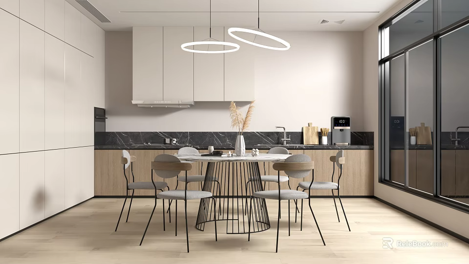 Modern Open Concept Restaurant Interior With Dining Table Chairs Pendant Lights And Cabinets 3d model