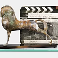Decorative Ornament Set With Hourglass Bronze Horse Clapperboard Elephant Statue Vintage Books And Retro Camera