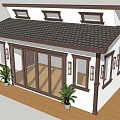 Single Family House with White Exterior Brown Roof Large Glass Sliding Doors and Front Plants