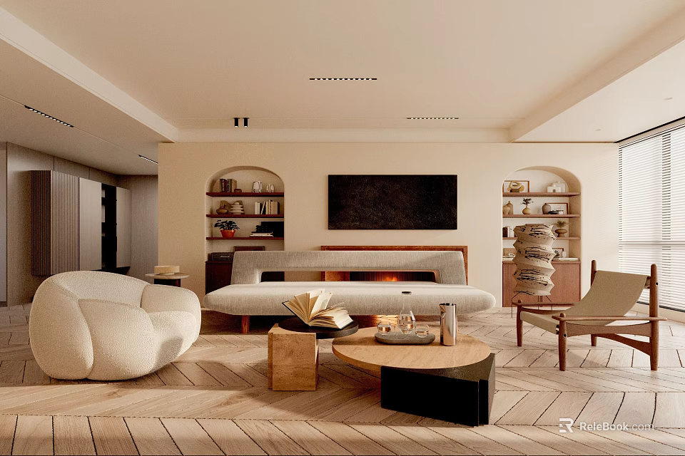 Modern Living Room With Curved Sofa Fireplace Coffee Table Open Shelves Wooden Floor 3d model 