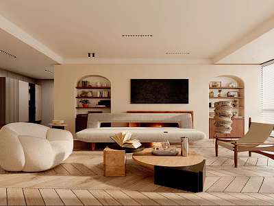 Modern Living Room With Curved Sofa Fireplace Coffee Table Open Shelves Wooden Floor 3d model