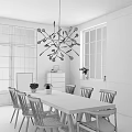 Modern Dining Table Set With Gray Table Wooden Chairs Large Windows And White Brick Wall