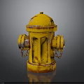 Yellow Rusted Fire Hydrant With Chain Details And Bottom Reflection On Dark Surface