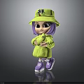 Cute Child With Purple Hair Yellow Bucket Hat Black Eye Design Yellow Coat Purple Shoes