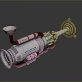 Future Tech Metallic Weapon With Cylindrical Body Advanced Energy Cells And Reflective Base