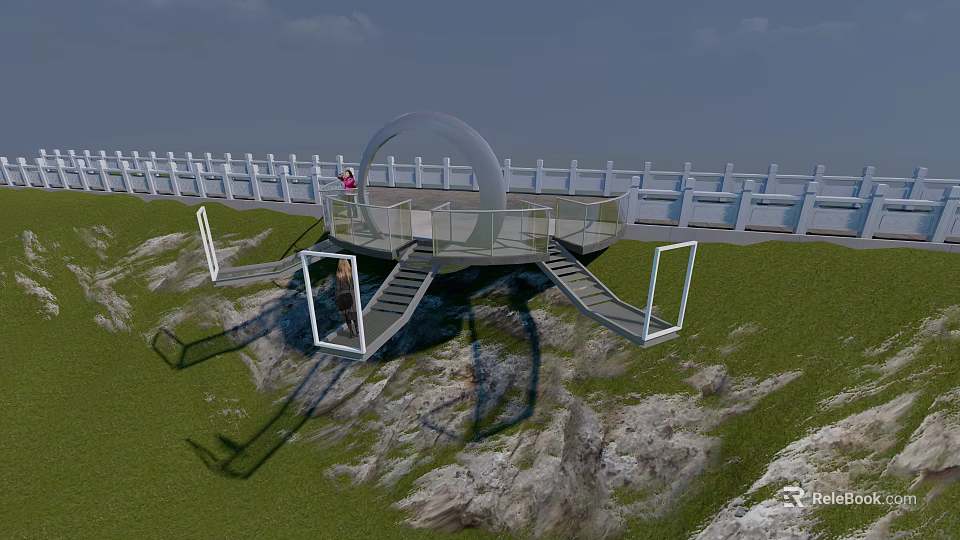 Modern Curved Viewing Platform With Glass Railings On Hilltop Grass And Rocks 3d model 