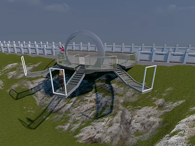 Modern Curved Viewing Platform With Glass Railings On Hilltop Grass And Rocks 3d model