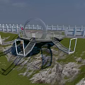 Modern Curved Viewing Platform With Glass Railings On Hilltop Grass And Rocks