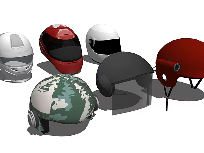 Various Colored Helmets With Different Designs Including Earth Pattern And Red White Black Styles 3d model