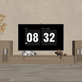 Modern Wooden TV Stand With Glass Door Cabinets Decorative Items Gray Wall And Wooden Floor