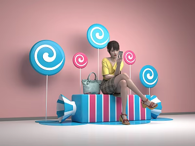 Girl In Yellow Top Sitting On Blue Red Striped Block With Colorful Lollipops And Megaphone 3d model
