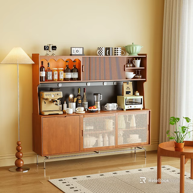Wooden Sideboard with Mesh Doors Shelves Coffee Machine Wine Bottles and Decor in Cozy Home 3d model 