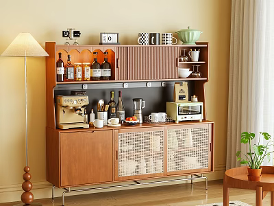 Wooden Sideboard with Mesh Doors Shelves Coffee Machine Wine Bottles and Decor in Cozy Home 3d model