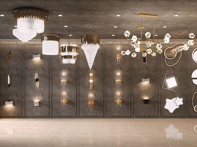 Modern Lighting Store Showcasing Chandeliers Wall Lamps and Elegant Pendant Lights 3d model
