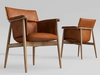 Modern Dining Chairs With Brown Leather Seats And Wooden Arms 3d model