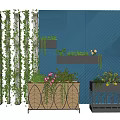 Stylish Flower Planters with White Vine Screens Blue Striped Wall Metal Stand and Pink Flowers