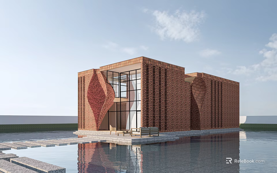 Modern Red Brick Post Station With Geometric Patterns Large Windows And Water Pool 3d model