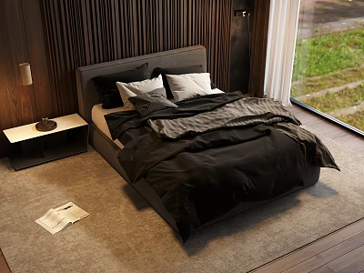 Modern Double Bed With Black Bedding Wooden Wall And Nightstand In Cozy Bedroom 3d model