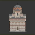 Church Style Building With Dome Blue Roof Red Brick White Stripes Crosses And Stepped Entrance