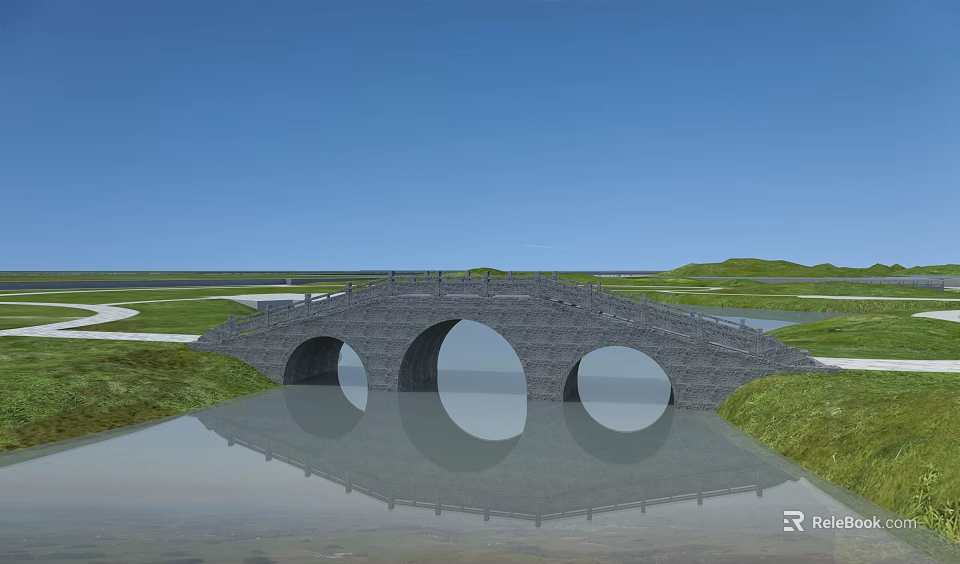 Ancient Stone Arch Bridge Over Calm Water With Green Grassland And Blue Sky Reflection 3d model 