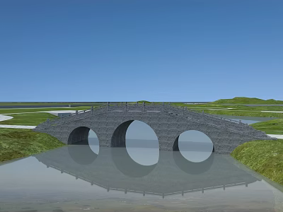 Ancient Stone Arch Bridge Over Calm Water With Green Grassland And Blue Sky Reflection 3d model