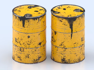 Two Yellow Industrial Oil Drums With Black Stains And Worn Surface 3d model