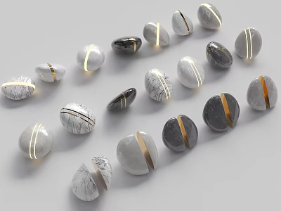 Garden Ornaments Stones Featuring Various Colors Textures Gold Silver Lines Round Oval Shapes Natural Patterns 3d model