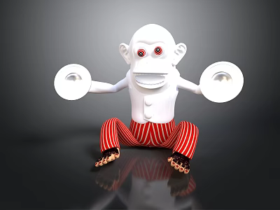 Cartoon Monkey With Red Eyes Holding White Plates In Red And White Striped Pants 3d model