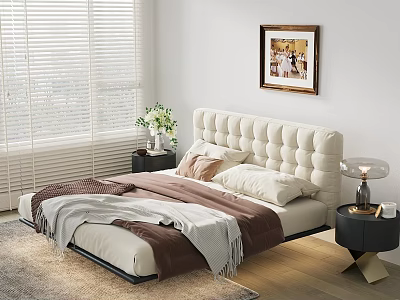 Modern Beige Double Bed with Tufted Headboard Blankets Pillows Nightstands Vase Flowers and Table Lamp 3d model