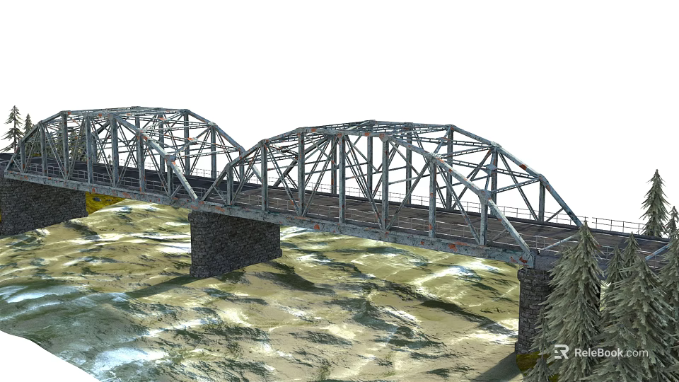 Steel Truss Bridge With Double Arch Design And Stone Piers Over Water 3d model 