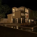 Modern Detached Villa With Large Glass Windows White Dark Exterior Lawn And Trees