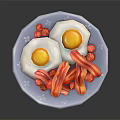 Fried Eggs With Crispy Bacon And Cherry Tomatoes On Blue Plate