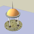 Circular Gazebo With Yellow Dome Spire White Columns And Stone Base Platform 3d model