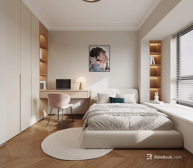 Bright Kids Room Interior With Single Bed Study Desk Pink Chair Shelves And Window Blinds 3d model 