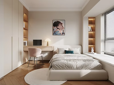 Bright Kids Room Interior With Single Bed Study Desk Pink Chair Shelves And Window Blinds 3d model