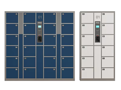 Modern Blue And Gray Numbered Lockers With Digital Control Panel Design 3d model