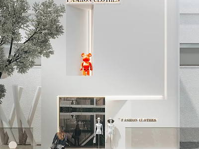 Modern Fashion Clothes Storefront With Orange Sculpture Glass Door And Mannequins 3d model