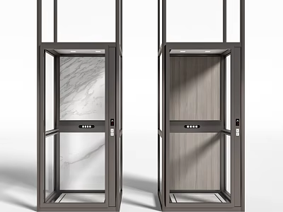 Modern Public Facility Elevator With Glass Door Metal Frame And Marble Wooden Interior 3d model