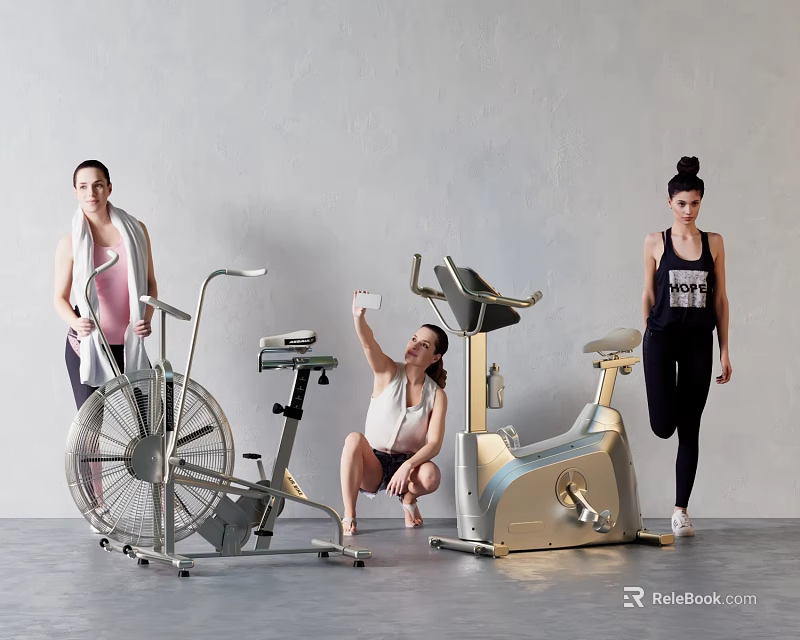 Group Of Three Women Doing Workout With Fitness Equipment Indoors 3d model 