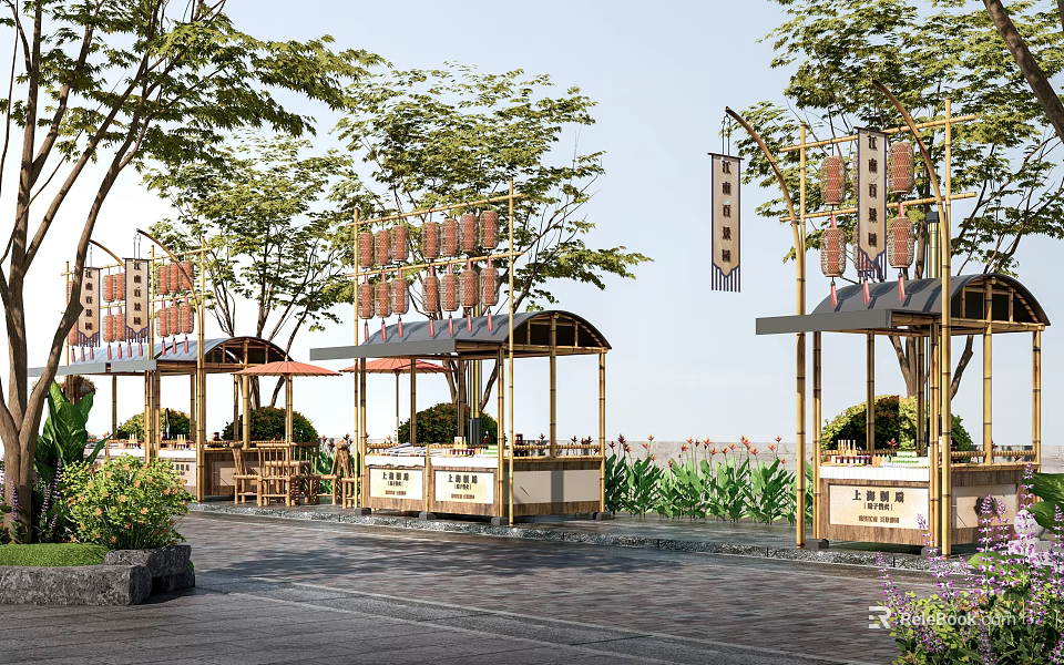 Garden Ornaments Scene With Wooden Pavilions Trees Green Plants And Hanging Decorations 3d model 