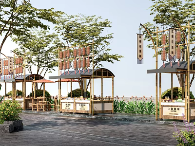 Garden Ornaments Scene With Wooden Pavilions Trees Green Plants And Hanging Decorations 3d model
