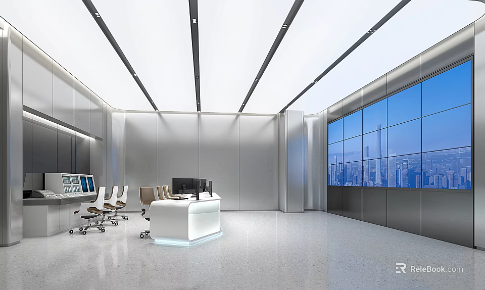 Modern Office Interior With Large Windows City View Work Desk And Chairs 3d model 