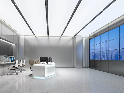Modern Office Interior With Large Windows City View Work Desk And Chairs 3d model