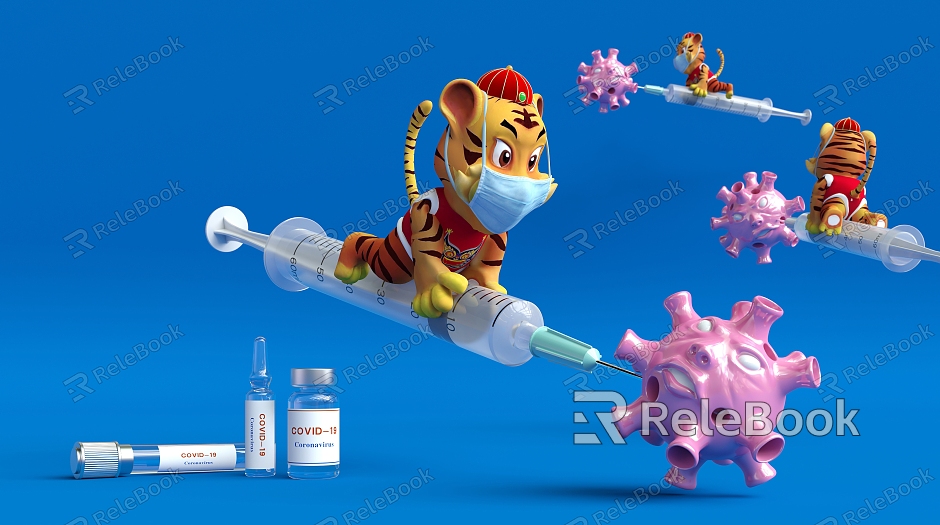 Modern cartoon scene tiger shot vaccine model