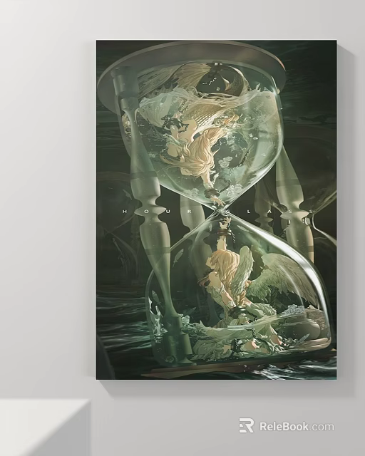 Abstract Painting Featuring Hourglass With Angel Wings And Flowing Green Gold Tones 3d model 