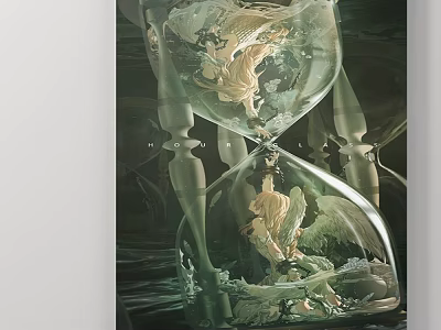 Abstract Painting Featuring Hourglass With Angel Wings And Flowing Green Gold Tones 3d model