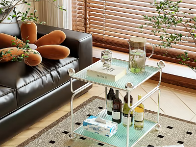 Glass Top Metal Frame Side Table with Water Jug Books Wine Bottles and Tissues Under 3d model