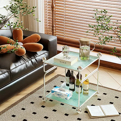 Glass Top Metal Frame Side Table with Water Jug Books Wine Bottles and Tissues Under 3d model